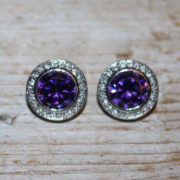 Designer Like DY Round Purple Stone w Crystals Stud Earrings NEW! - Picture 1 of 4
